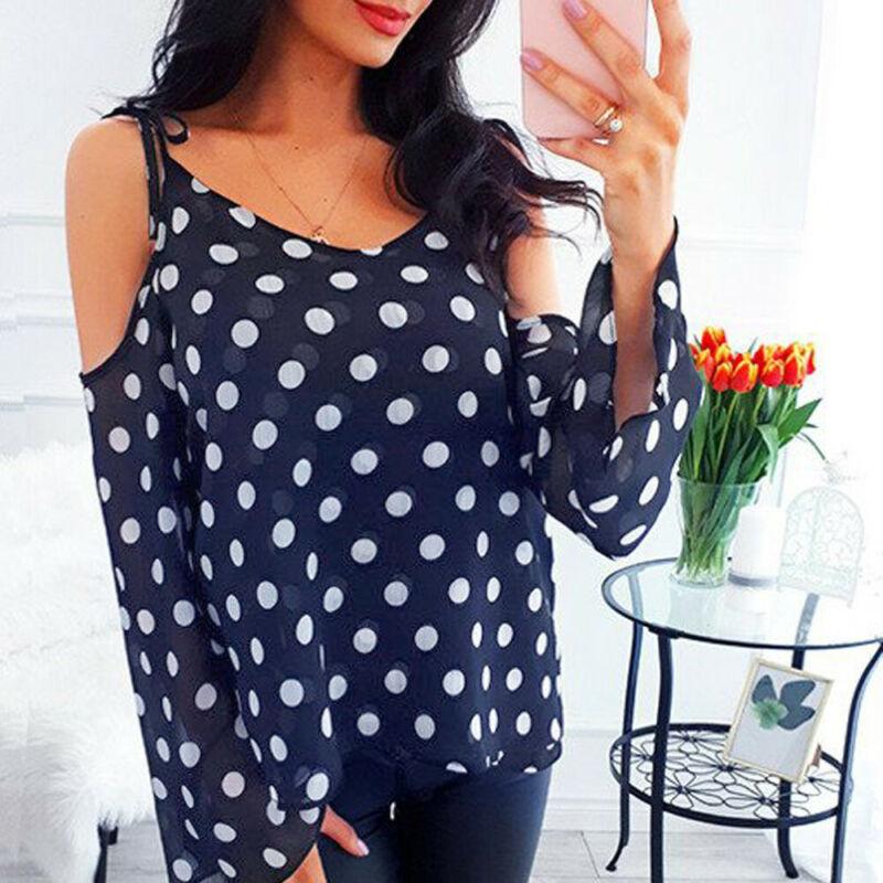 

Women' Blouses & Shirts Stylish Women Polka Dot Casual Loose Off-shoudler Long Sleeve Shirt Blouse Tops, Picture shown