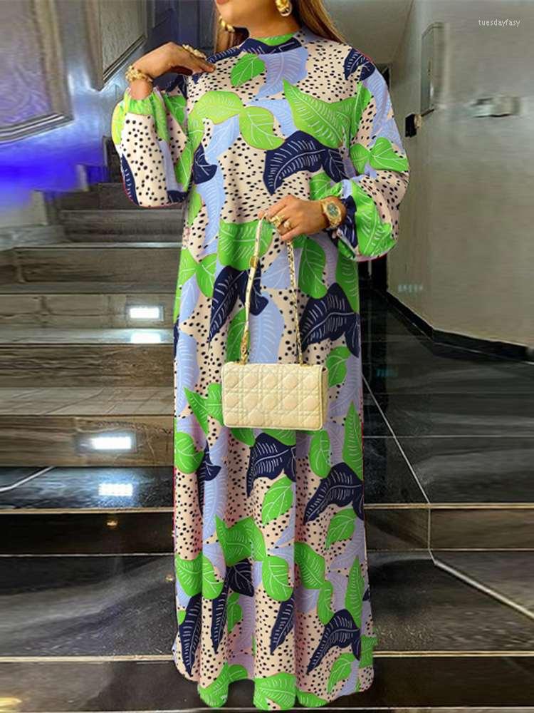 

Plus Size Dresses VONDA Dress Bohemian Women Long Sleeve Vintage Printed Holiday Maxi Casual Stand Collar Party Robe 5XL, Blue