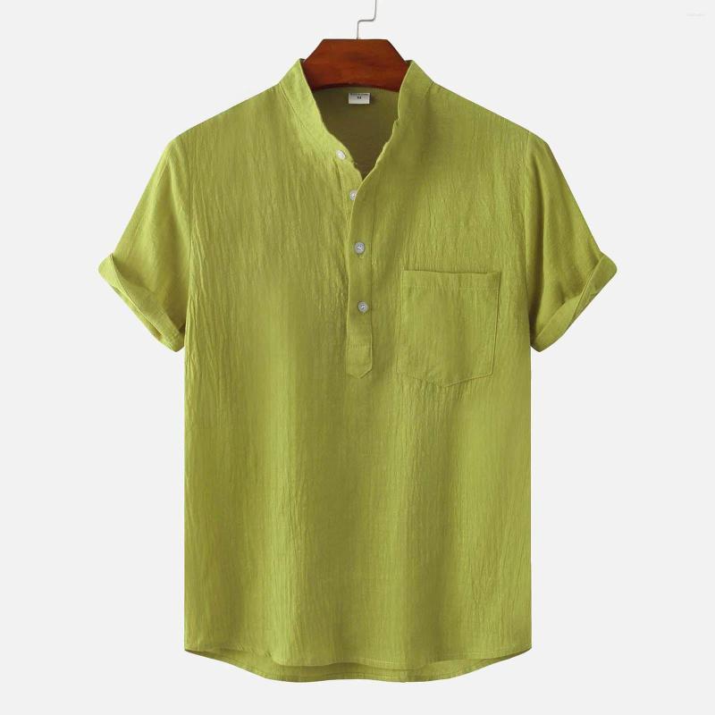 

Men's Casual Shirts Mens A Shirt Male Solid Short Sleeve Stand Collar Blouse Tops Valentines Day Men, Army green