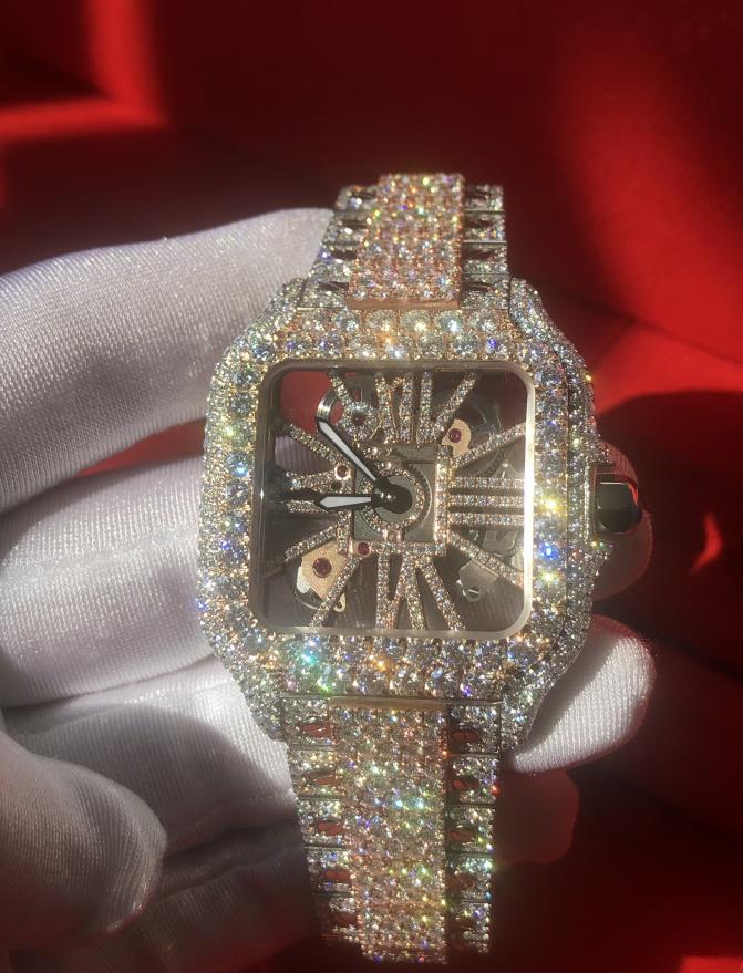 

New Version Moissanite Diamonds watch Rose Gold mixed Silver Skeleton Watches PASS TEST Quartz movement Top Men Luxury Full Iced Out Sapphire Watches with box, 0.8mm