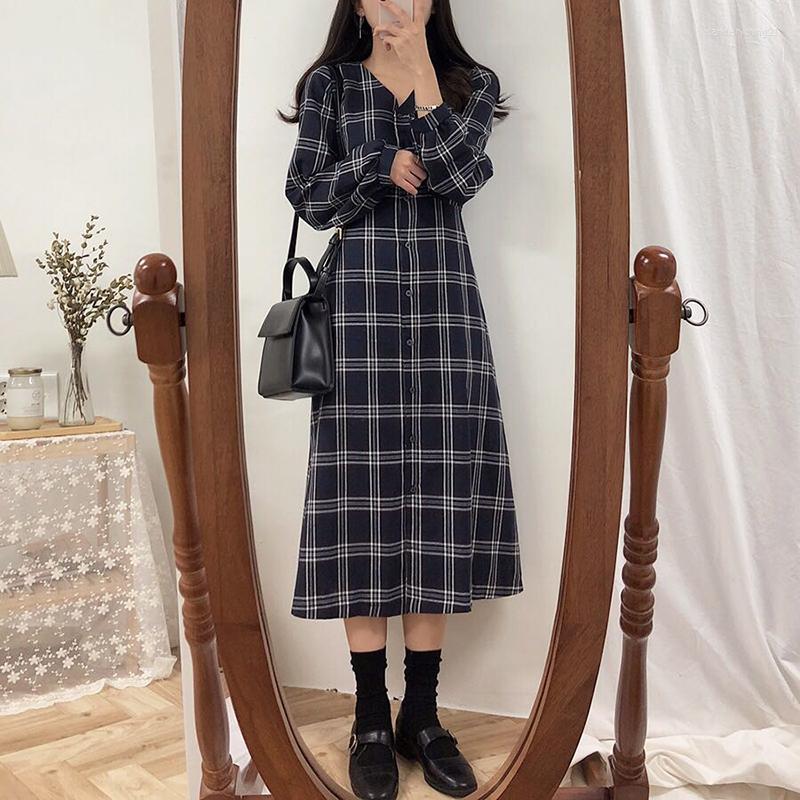 

Party Dresses Autumn Fashion Vintage Plaid For Women Casual Linen Square Collar Mori Girl Dress Retro Korean Kawaii Midi, Beige