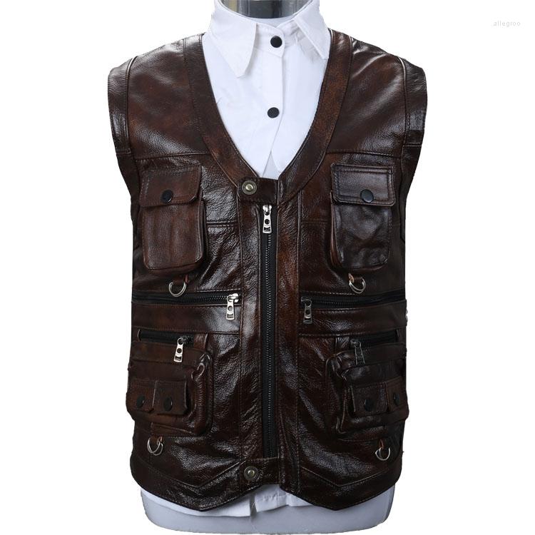 

Men's Vests Cowhide Genuine Leather Vest Men Brown Waistcoat Male Sleeveless Jacket Thick Motorcycle Multi Pocket Zipper Coat, Black