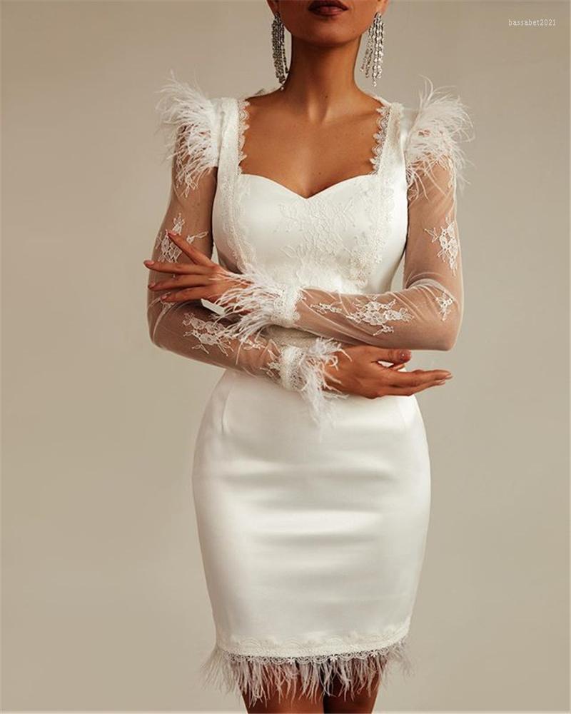 

Casual Dresses White Black Long Sleeve Lace Feathers Bodycon Mini Women Dress Celebrity Evening Party