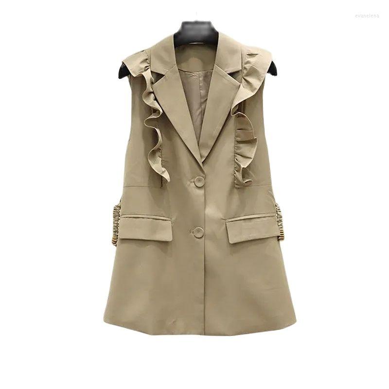 

Women's Vests Fashion Spring Autumn Women's Vest Coat 2022 Korean Version Suit Collar Ruffles Temperament Elegant Female Sleeveless, Khaki