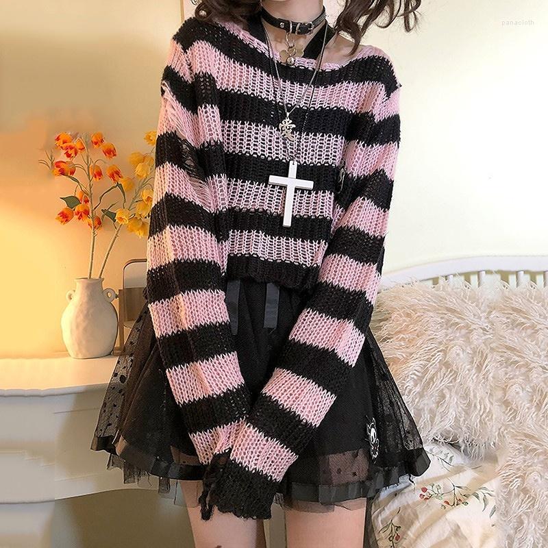 

Men's Hoodies Karrram Pink Striped Gothic Sweaters Women Ripped Holes Loose Knitted Pullover Frayed Fairy Grunge Jumpers Emo Streetwear, Pink short