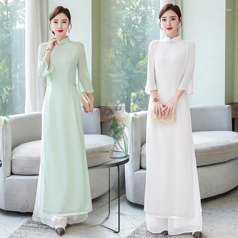 

Ethnic Clothing Spring Summer Vietnam Slim Set Women Casual Long Tops Wide Leg Pants Two Pieces White Light Green Chinese Styles DD470