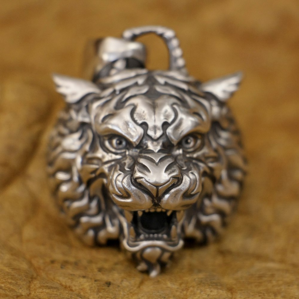 

LINSION 925 Sterling Silver Armored Tiger Pendant Biker Punk Jewelry TA399