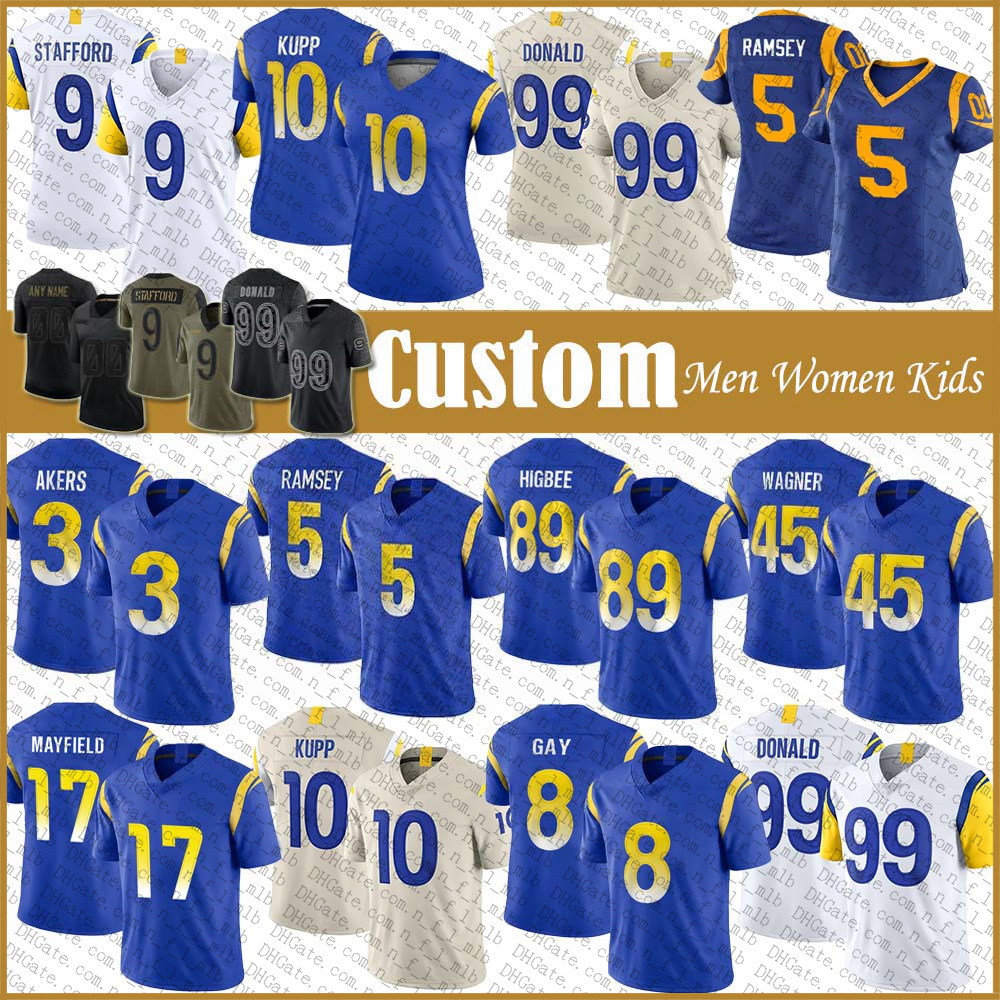 

Cooper Kupp Aaron Donald Custom Football Jersey Matthew Stafford Jalen Ramsey Bobby Wagner Baker Mayfield Matt Gay Kyren Williams Cam Akers Tyler Higbee Tutu Atwell, Shown
