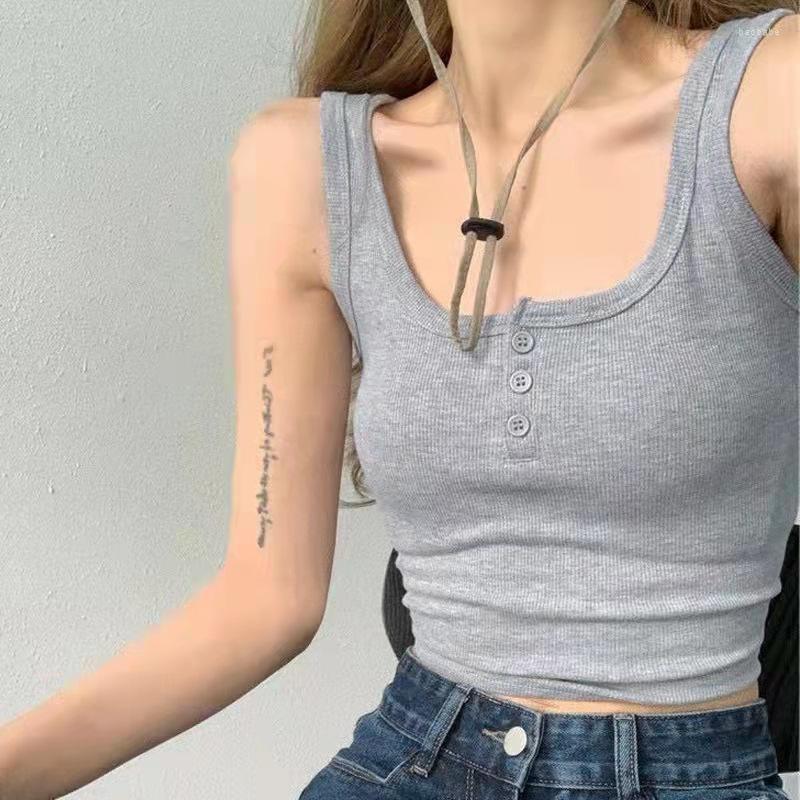 

Women's Tanks Crop Top Women's Button Knitted Elastic Cotton Vest Short Comfortable Bottoming Slim Fitting Sleeveless Ropa Mujer, White