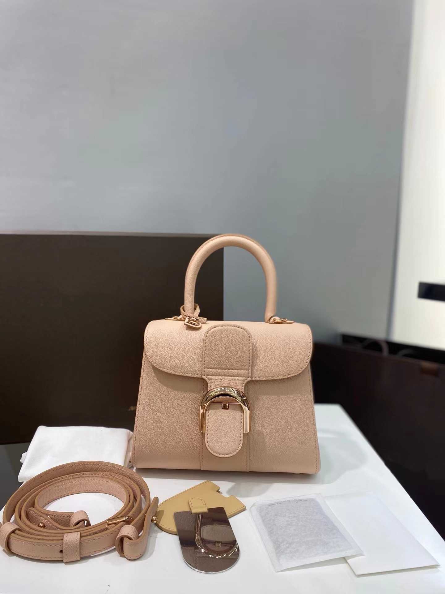 

Bags Handbags Delv Belgium Classic Leather Elegant Fashion Designer Luxury Autumn and Winter New Product Delvo Handheld One Shoulder Oblique, Nude powder with rose gold buckle