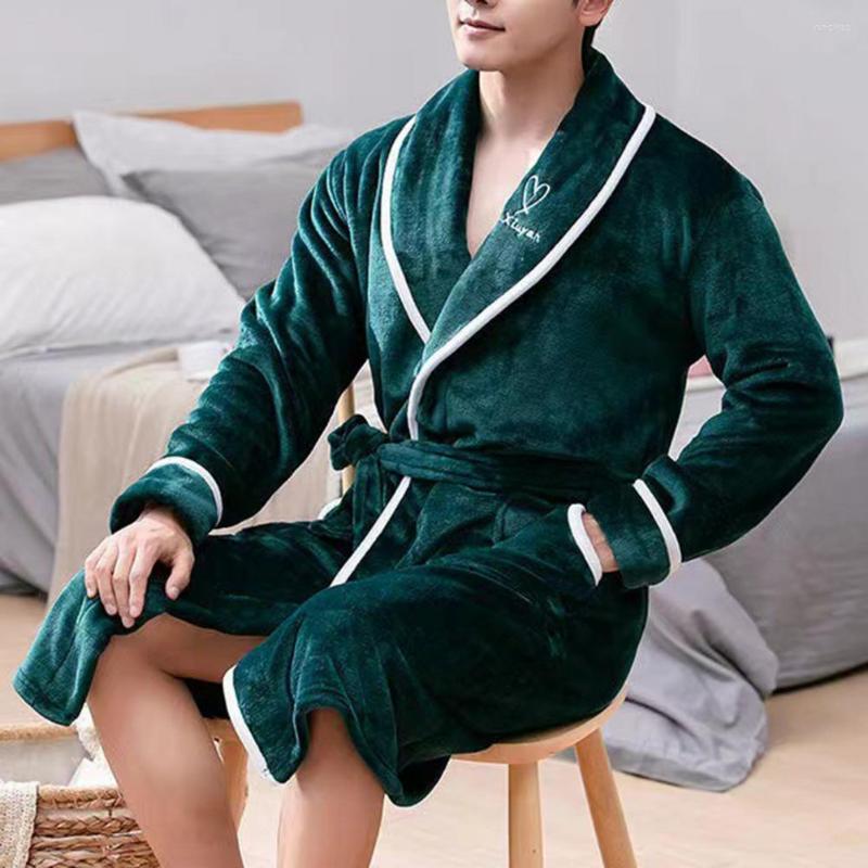 

Men's Sleepwear Chic Winter Nightgown Fleece After Bathing Turn-down Collar Tight Waist Men Bathrobe For Home, Green