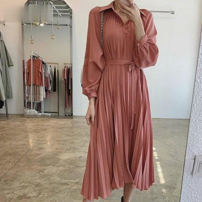 

Casual Dresses Drawstring Slim Waist Design Pleated Dress Chic Turn Down Collar Loose Women Spring Elegant Temperament Vestidos, Khaki