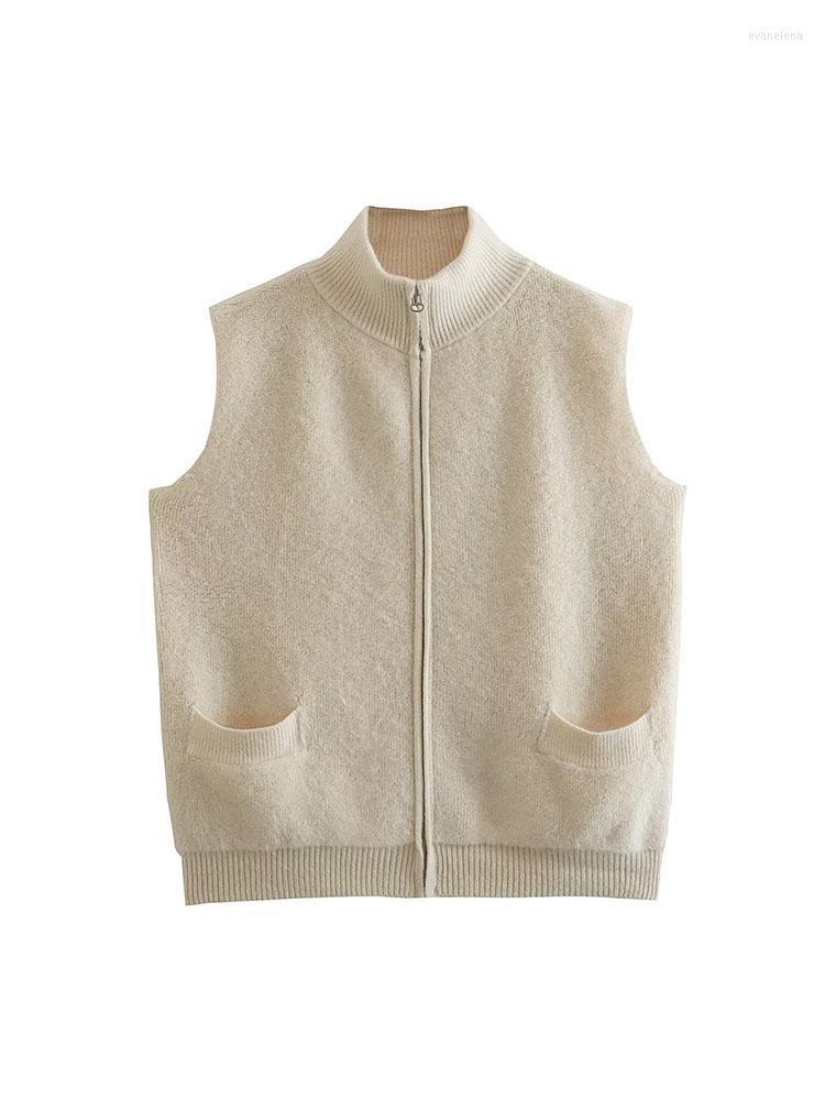 

Women's Vests 2022 Autumn And Winter Women's Retro Solid Color Fashion Standing Collar Zipper Towel Pleated Undershirt, Beige