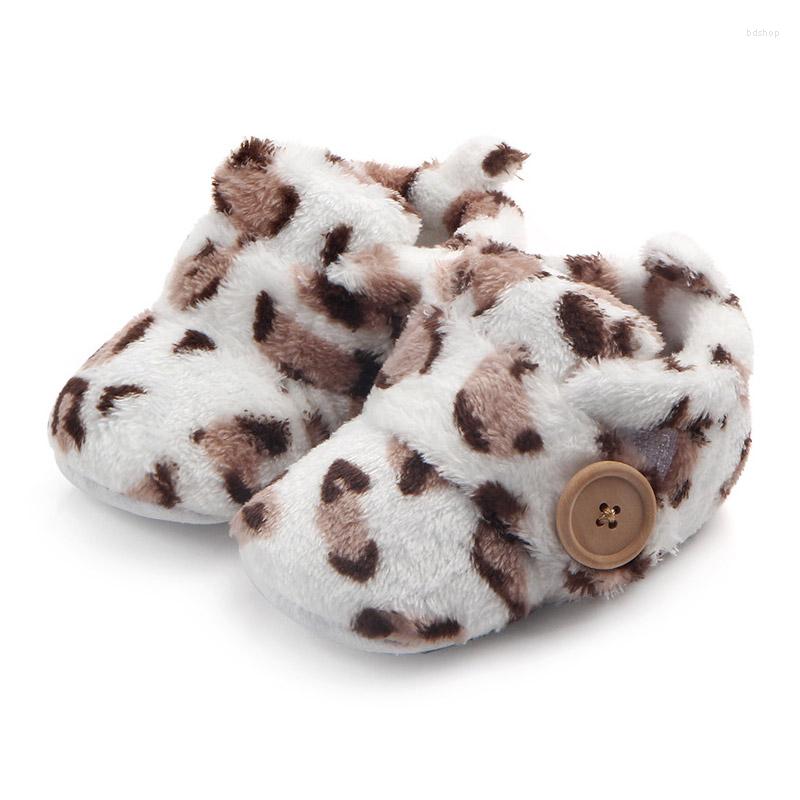 

First Walkers Soft Coral Fleece Warm Winter Baby Shoes Non-slip Soled Toddler Boy Girl Leopard Print Infant Boots For Boys Girls, White