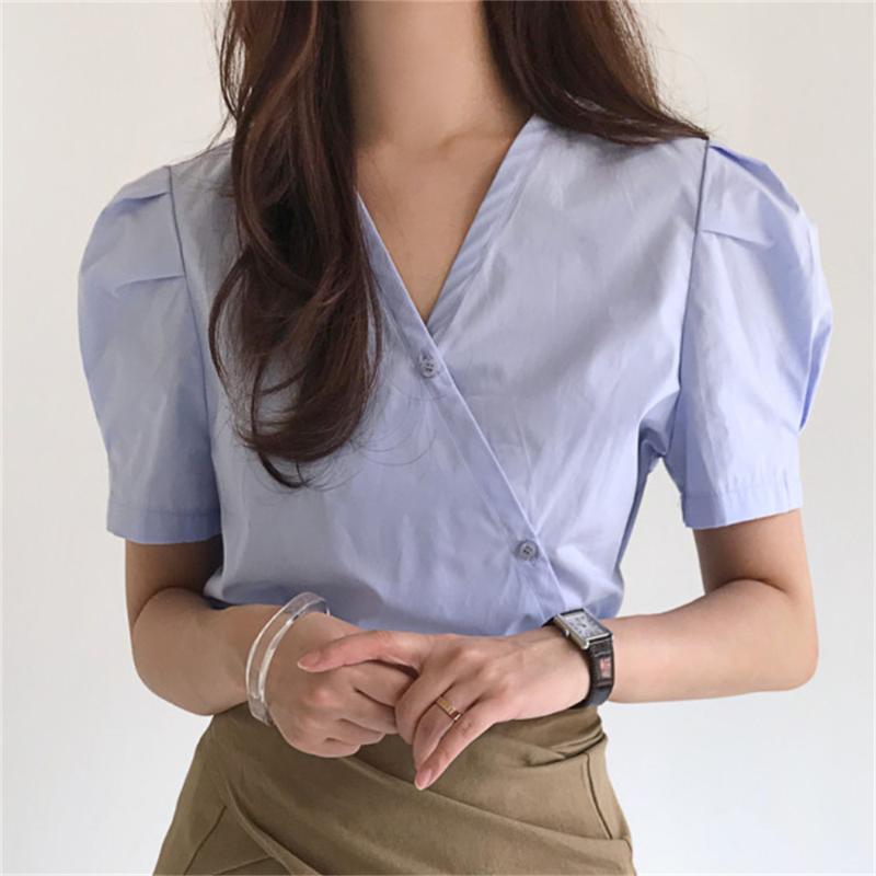 

Women's Blouses & Shirts HziriP Korean Brief Off-center Buttons Femme Slim Stylish Loose V-Neck Solid Casual High Waist Summer Tops, Blue