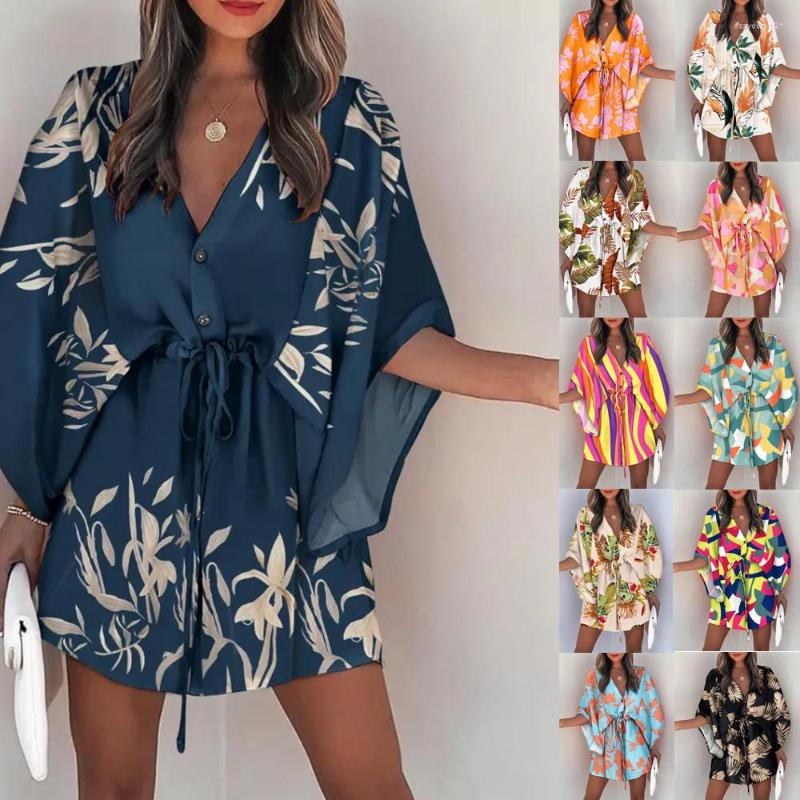 

Casual Dresses 2022 Summer Women's Drawstring Belt V-Neck Tie Resort Dress Plants Print Clothing Short Skirt Female
