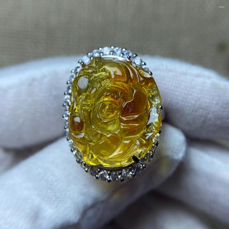 

Cluster Rings 1Pcs/Lot Natural Amber Gemstone Ring Flower Adjustable Size Inlay 925 Silver Gift Woman Jewelry Anillos Mujer Bague Bijoux