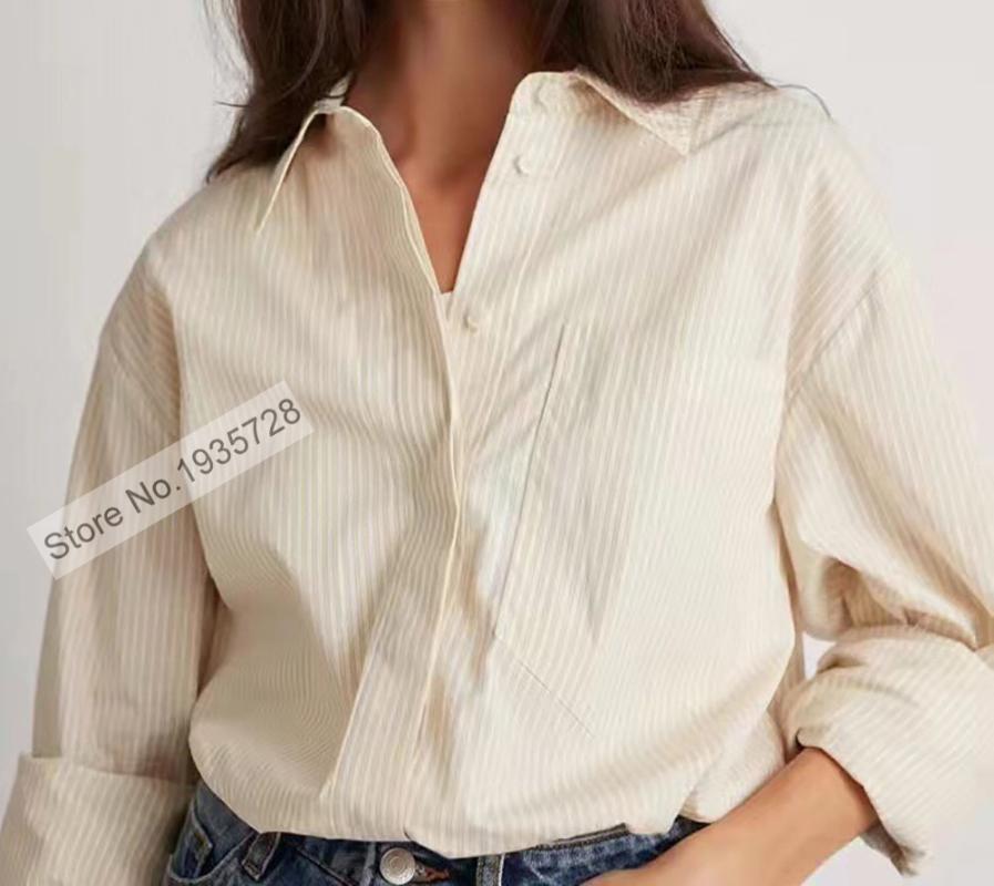 

Women' Blouses & Shirts Ladies Cotton Lapel Long Sleeve Silhouette Style Stripe Blouse Shirt Top, Color as real pic