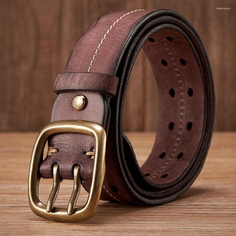 

Belts 3.8CM Copper Double Needle Buckle Belt High Quality Luxury Thick Retro Real Genuine Leather Men Jeans Strap Military, Black