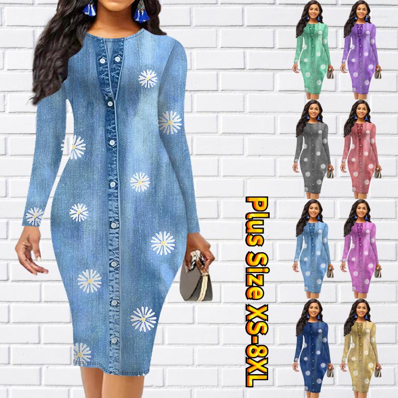 

Casual Dresses 2022 Autumn Winter Round Collar Tight Skirt Women Floral Print Slim Everyday Dress Long Sleeve Knee-length, Grey