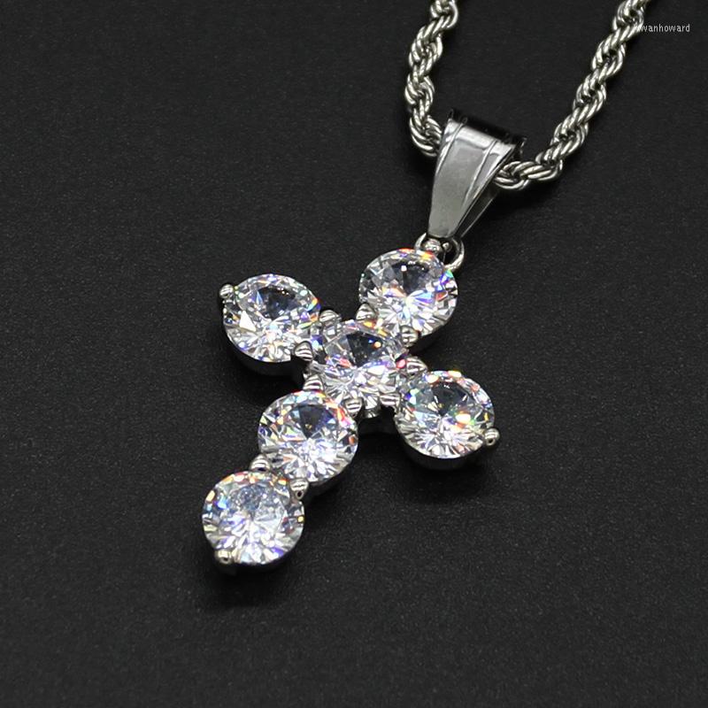 

Pendant Necklaces Hip Hop Claw Set Round CZ Stone Stainless Steel Cross Pendants For Men Rapper Jewelry Never Fade