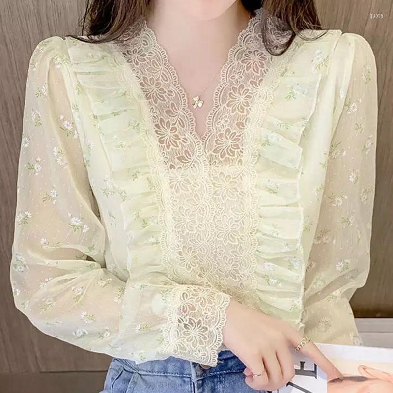 

Women' Blouses Sweet Elegan V-neck Lace Printing Pullovers For Women 2022 Long Sleeve Chiffon Jacquard Shirt Temperament Korean Top, Beige