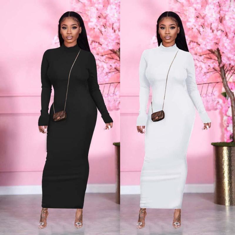 

Casual Dresses Zaggin 2022 Autumn Women Solid 2-colors Backless Skinny Long Dress Sexy Lady Stand Collar Sleeves Bodycon Maxi, White