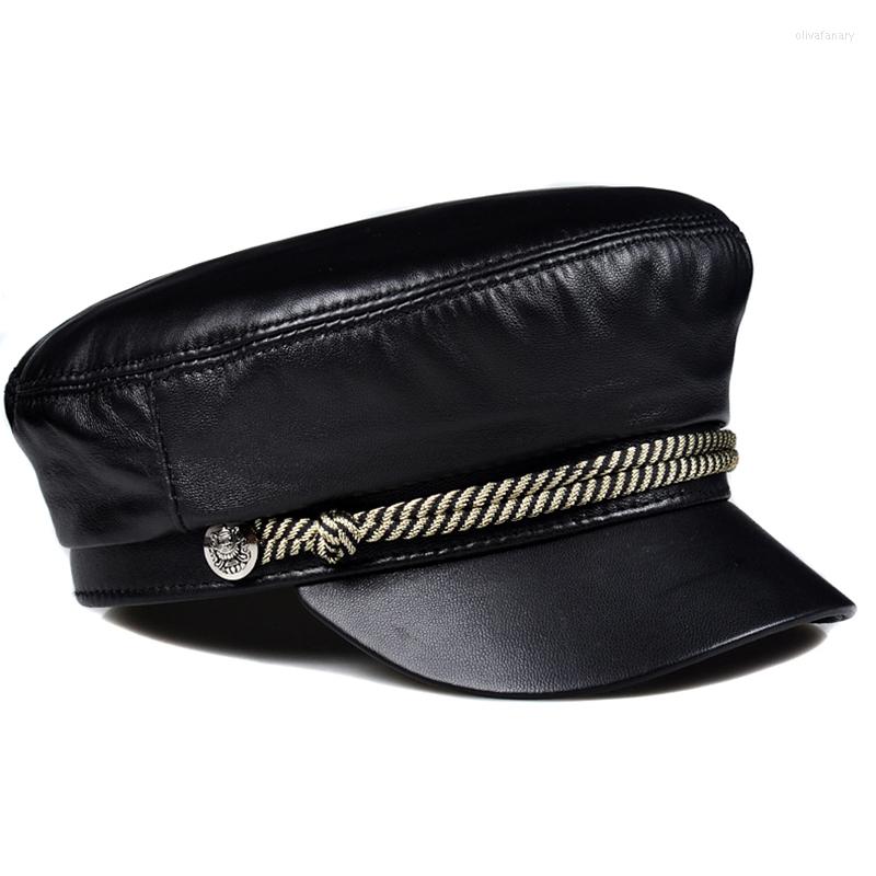 

Berets Fashion Women Men Military Hat Spring Autumn Sailor Hats Black Ladies Beret Caps Flat Top Captain Cap Travel Real Sheepskin