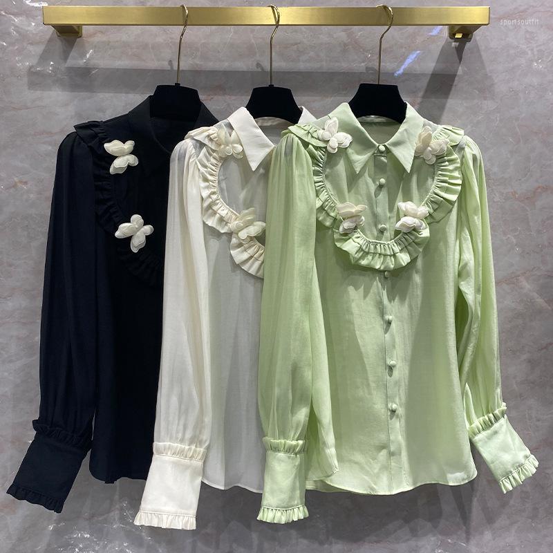 

Women' Blouses Chic Edge Butterfly Corsage Blouse Long Sleeve Shirt Spring, Beige