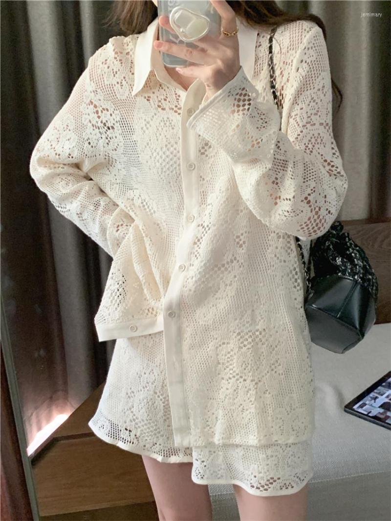 

Women' Tracksuits Alien Kitty Lace Hollow Out Women Two Pieces Sets Autumn Sunscreen Shirts 2022 Elastic Waist Shorts Casual Office Lady, Beige