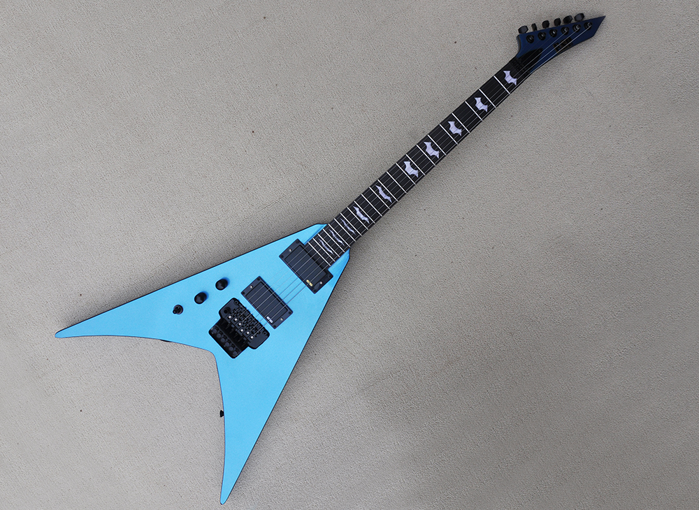 

Left Hand Blue V shaped electric guitar with EMG pickups Rosewood fretboard Floyd rose offering customized services