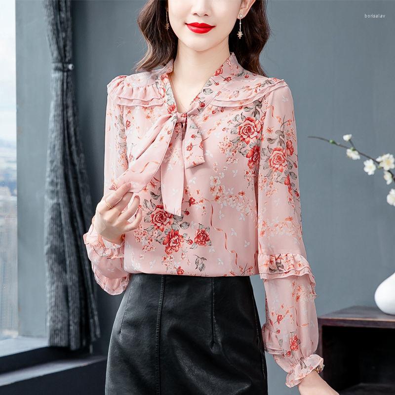 

Women' Blouses Women Pirnt Chiffon Shirts Spring Autumn Bow-Knot Scarf Collar Ladies Elegant Casual Loose Tops Blusas MM1188, Pink