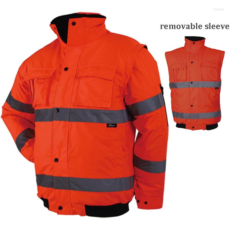 

Motorcycle Apparel Men' Winter Hi Vis Safety Jacket Waterproof With Removable Sleeves Reflective Workwear