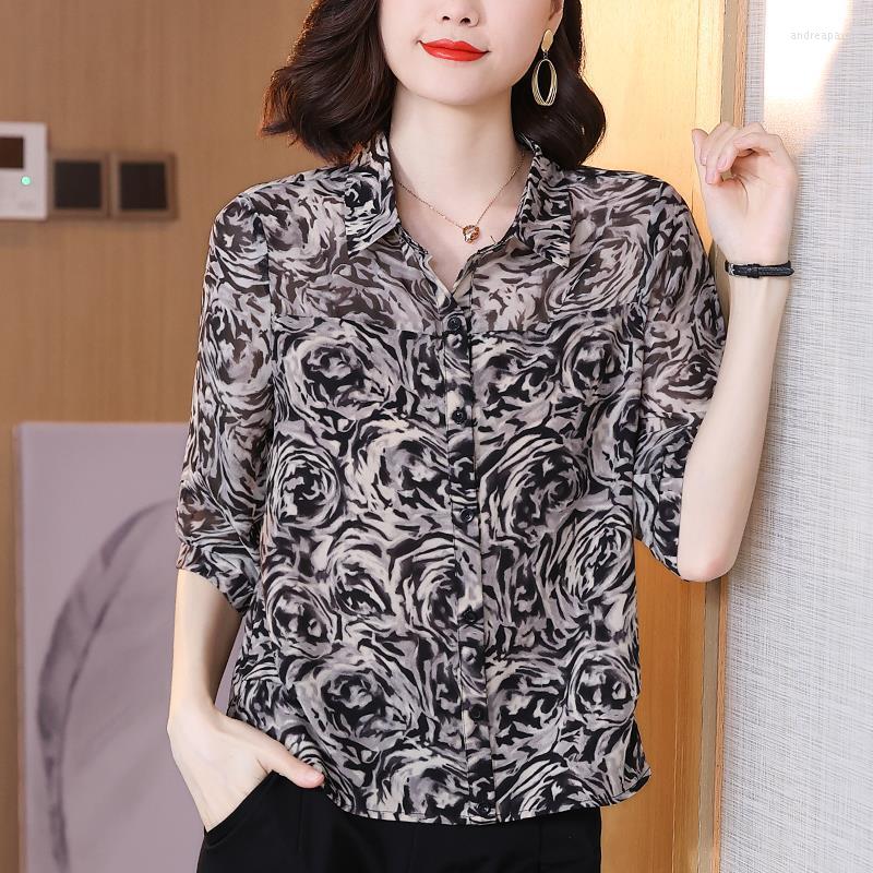

Women's Blouses Big Size 5XL Women Loose Chiffon Blouse Summer Half Sleeve Turn-down Collar Y2K Vintage Printing Casual Fashion Female Shirt, Black