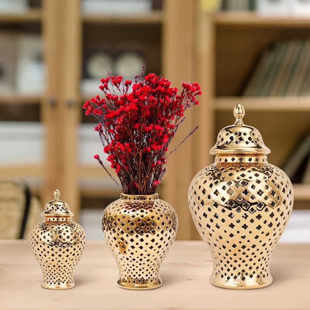 

Vases Pierced Gold Ceramic Ginger Jar with Lid Hollow Out Storage Jar Bud Vase Carved Lattice Temple Jar for Home Decorative T221205