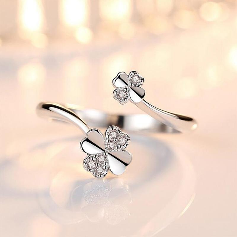 

Cluster Rings Simple 925 Silver White Zircon Heart Cute Clover Flower Open Ring For Women Lady Resizable Tail Jewelry ACC RJ150