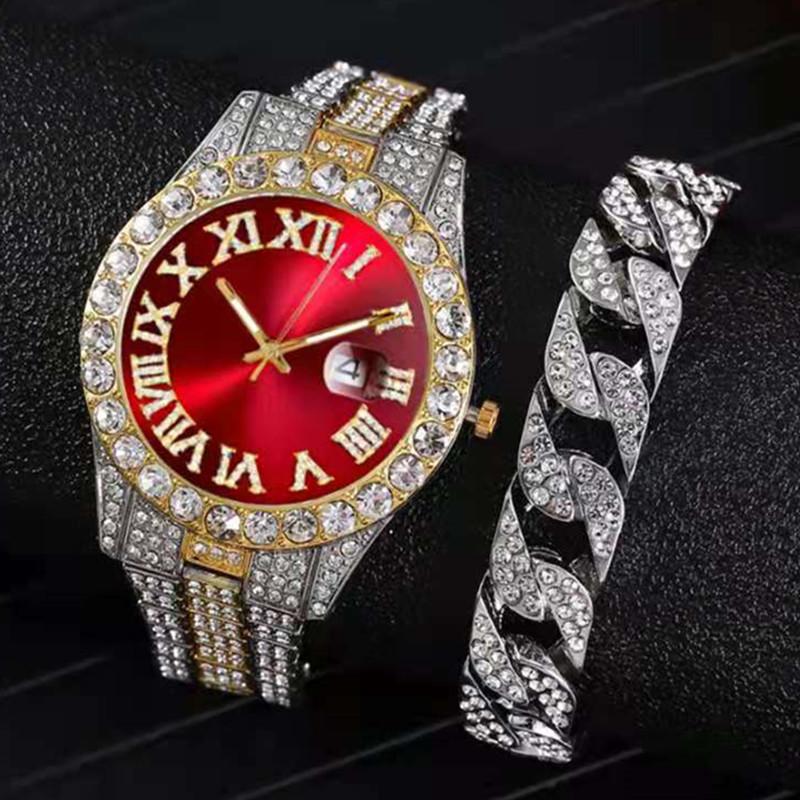 

Wristwatches Full Iced Out Watch Bracelet For Men Big Gold Cuban Chain Mens Hip Hop Jewelry Miami Rhinestone Prong Pave Bling, Gold chain red