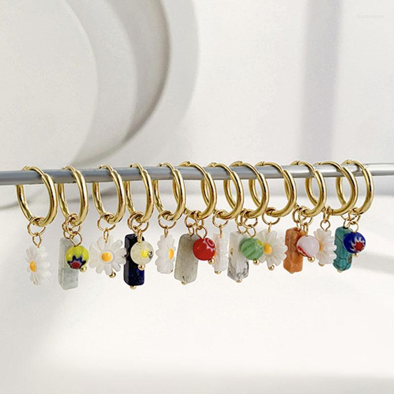 

Hoop Earrings Asymmetric Handmade Geometric Natural Stone Daisy Flower For Women Gold Color Circle Stainless Steel