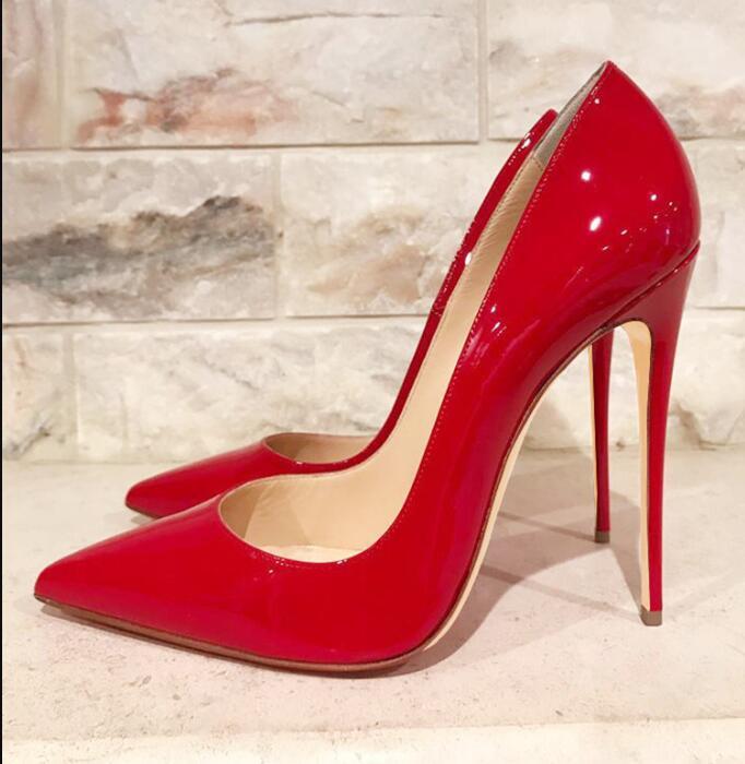 

Women High Heel Shoes Genuine Leather Sexy Pointed toe Pumps 8cm 10cm 12cm Thin Heels Wedding Shoes Nude Black Red White Blue Shiny Shoe with Bag and Box, 26