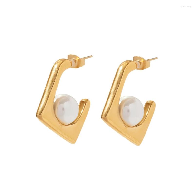 

Stud Earrings Youthway 18 K Gold Plated Stainless Steel Square Spoon Design White Pearl Punk Style For Women