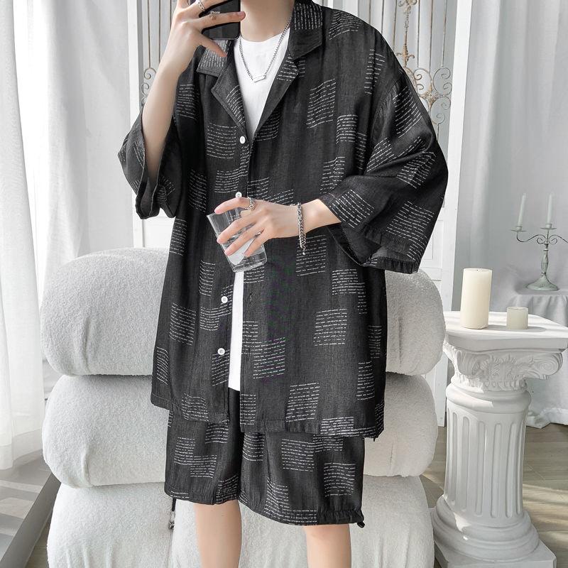 

Men's Tracksuits Summer Printsets Men Fashion Casual Ice Silk Sets Korean Loose Short Sleeve Shirt/Shorts Two Piece Set Mens -5XL, Black