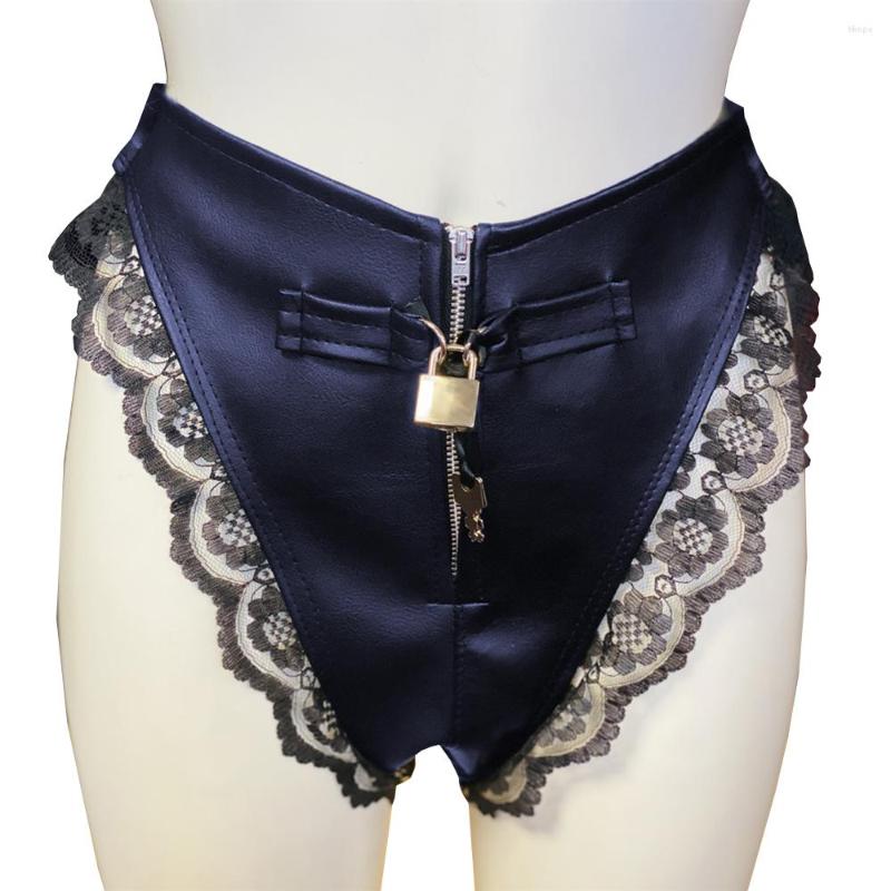 

Women' Panties Lockable Sissy Unisex Zipper Knickers Black Lace Briefs Wet Look PVC Shiny High Waist Underpants Crossdress CostumeS-7XL