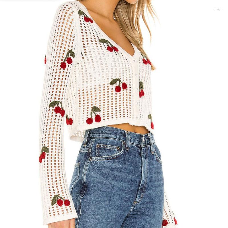 

Women' Knits Long Sleeve Cherry Printing Hollowing Pearl Button Mesh Knit Cardigan Coat Women Clothes Autumn Knitted Sweaters, White