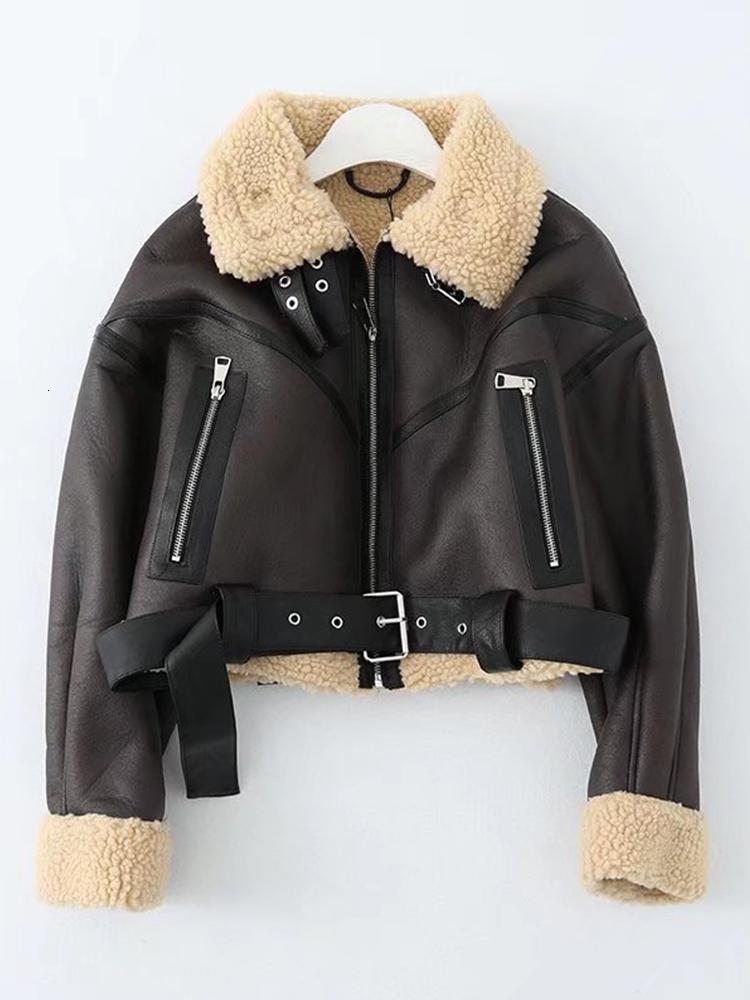 

Women's Leather Faux Ailegogo Winter Women Streetwear Lamb Fur Short Jacket with Belt Moto Biker Thick Warm Sheepskin Coat Outwear 221207, Auburn