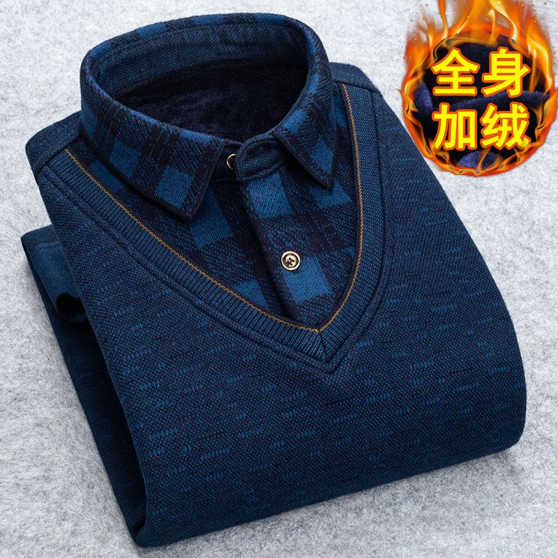 

Men's Sweaters Autumn Winter Fashion Grid Solid Thicken Warm Sweater Male Plus Velvet M-3XL Man Fleece Shirt-collar, M6 - gray