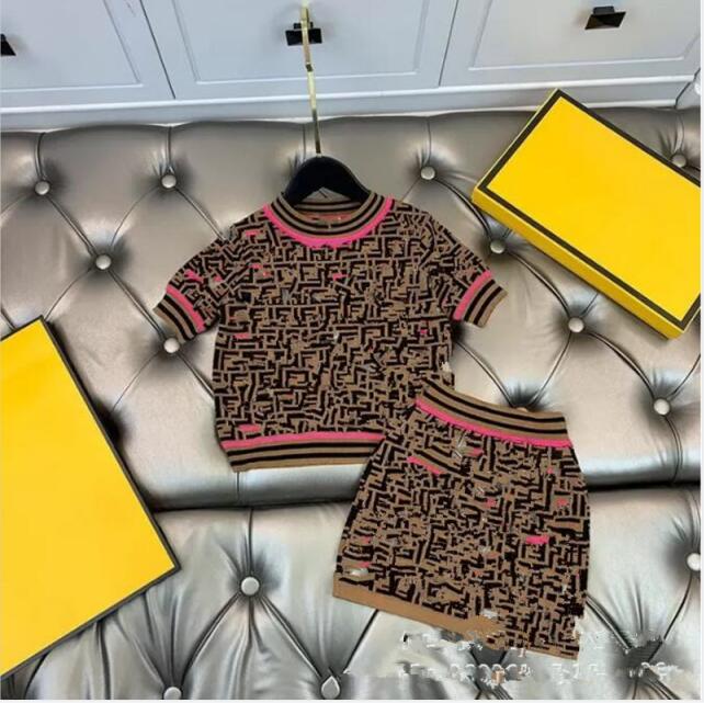 

Designer girls' Dress Pullover letter full print round neck short long sleeve knitted sweater Hip Wrap Skirt two piece set