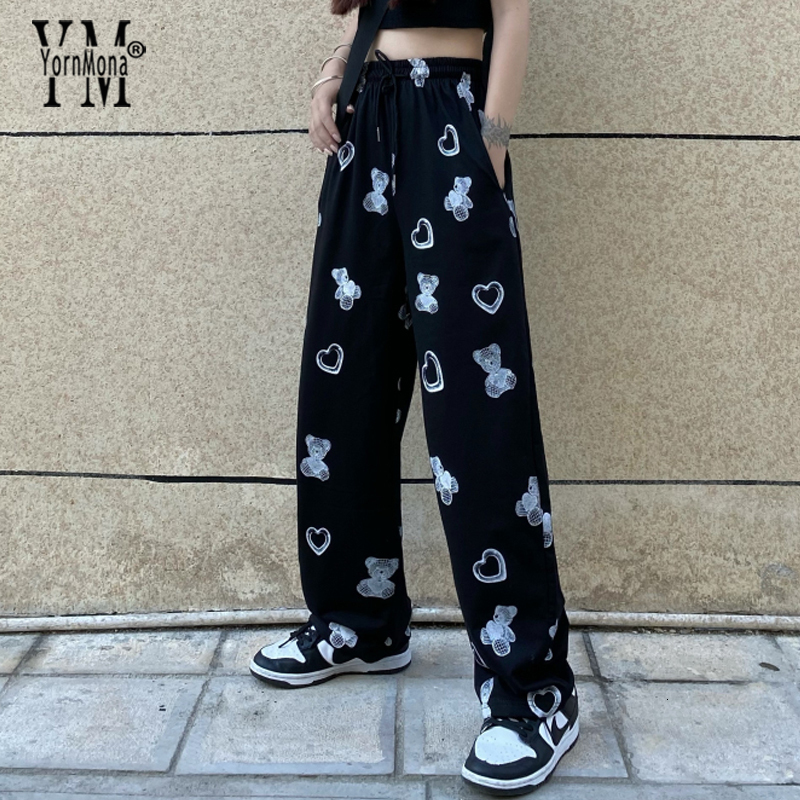 

Women's Pants Capris YornMona Cartoon Print Harajuku Black Women Fashion High Waist Casual Loose Long Trousers Ladies Straight Streetwear 221207