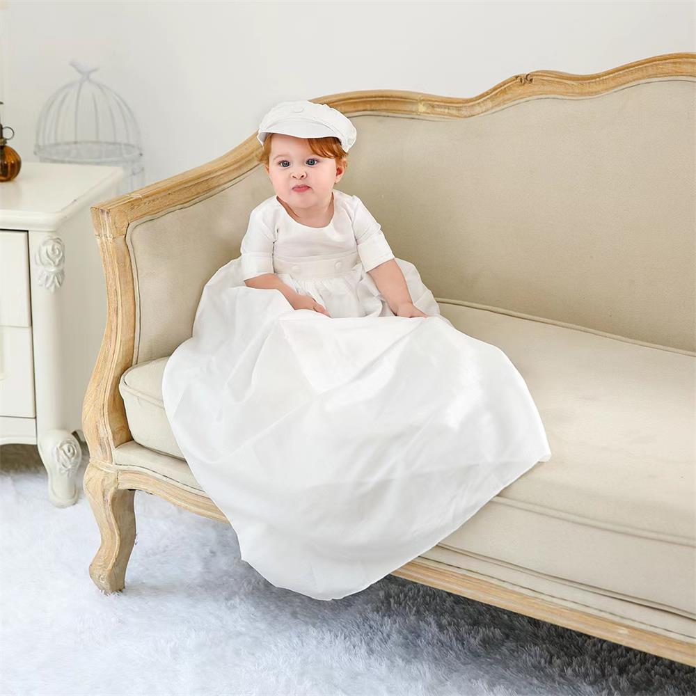 

plus Long length European baptism dress boy baby one-piece with hat white MQ6113