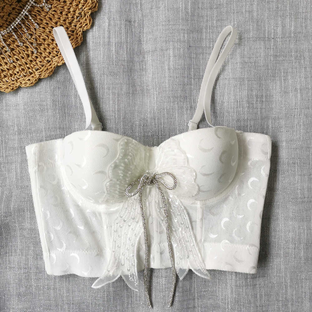 

Ordering Bowknot Sling Wearing Nail Beads Embroidery Little Moon Lace Vest Wrapping Chest Sweet Cool Back Top, White