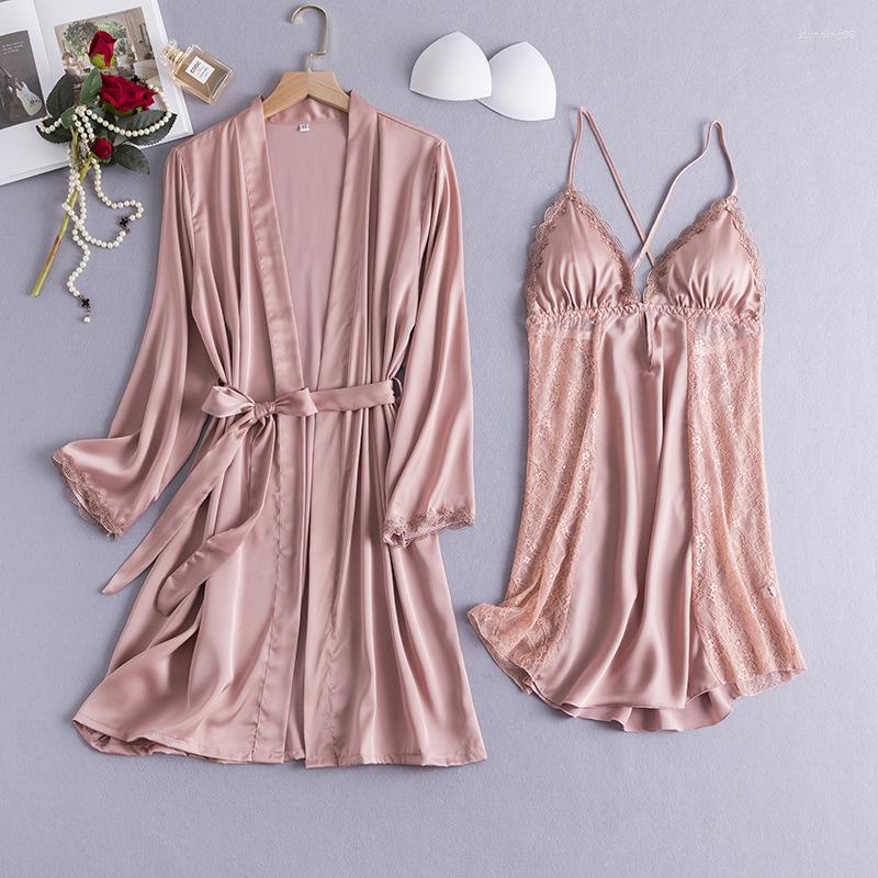 

Women's Sleepwear Design Spring Summer Women's Luxury Robe And Gown Sets Sexy Embroidery Suspender Bathrobe 2Pcs Soft, Green